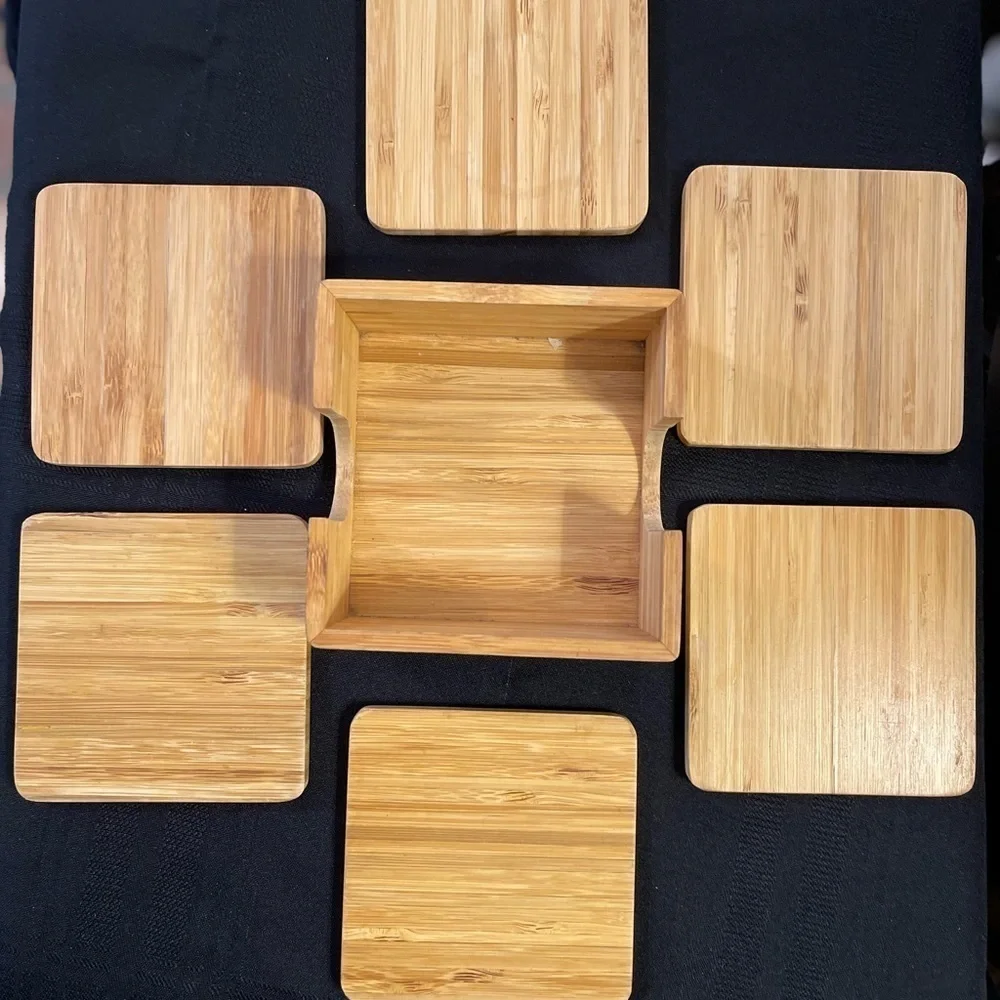 Bamboo 7 Piece Square Coaster Set 4.25”  Includes 6 Coasters & Caddy 1951.